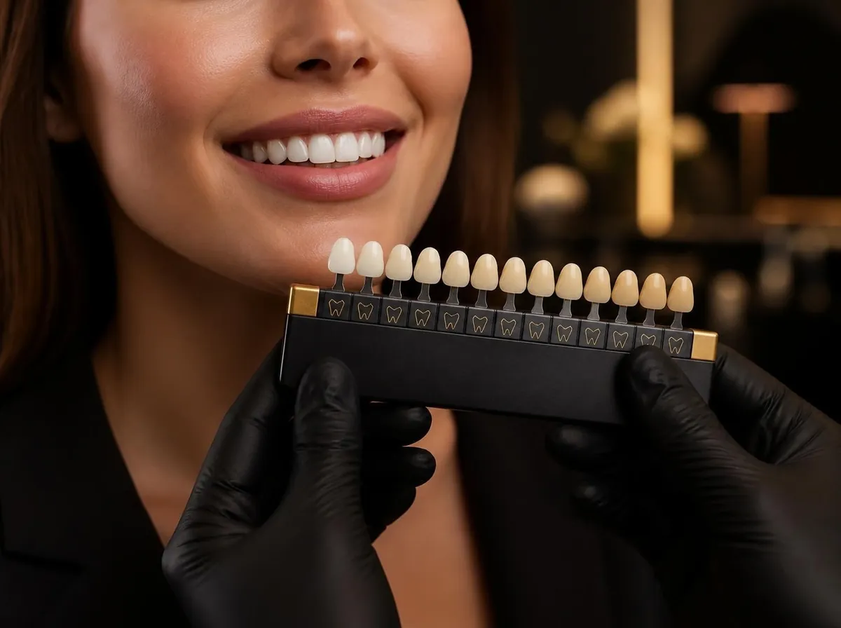 Imagen referencial: guía de tonos para blanqueamiento dental, generada con IA