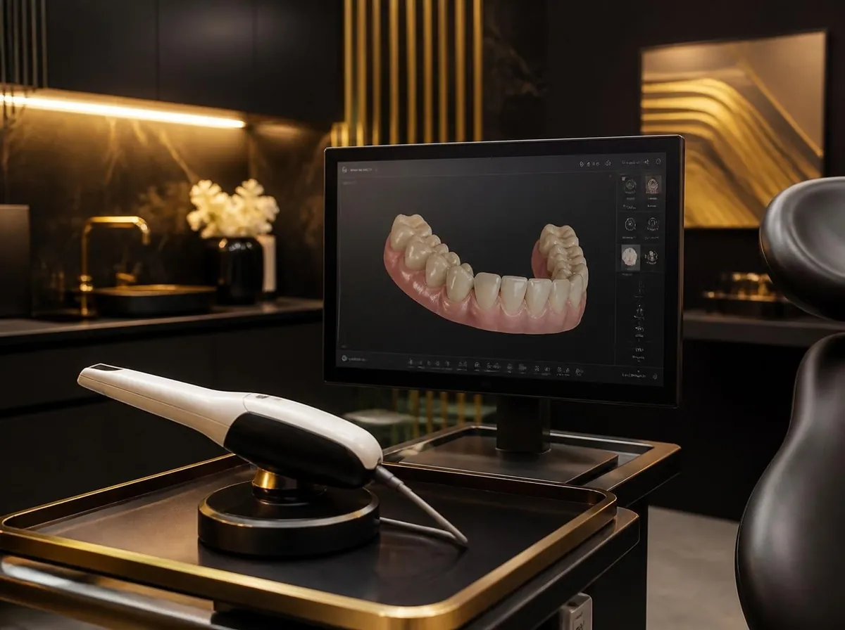 Imagen referencial: escáner intraoral y modelo 3D de dientes, generada con IA