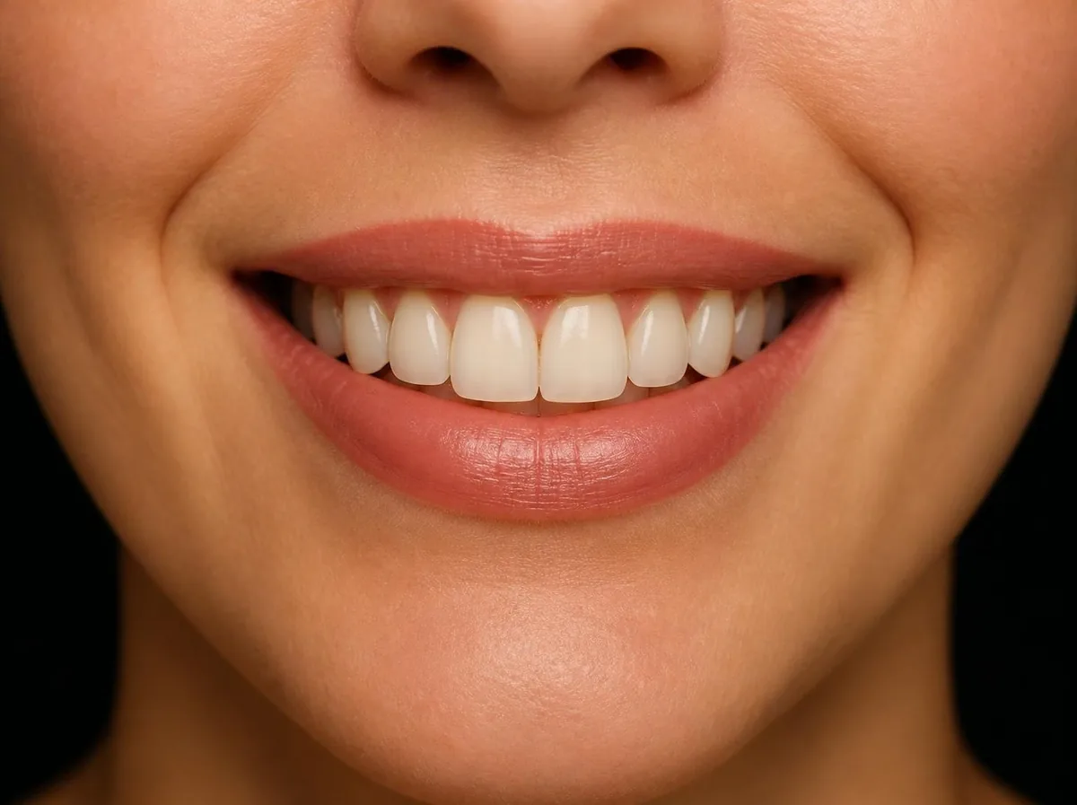 Imagen referencial de una sonrisa vista de frente, generada con IA, con líneas guía de diseño dibujadas encima